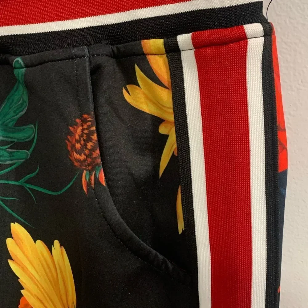 Reason Black and Red Floral Sweatpants with Sporty Stripes